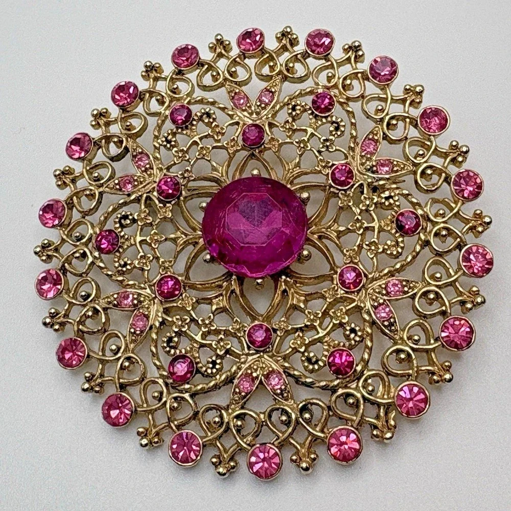 Vintage Filigree Brooch Gold Tone Pink Statement Circle READ